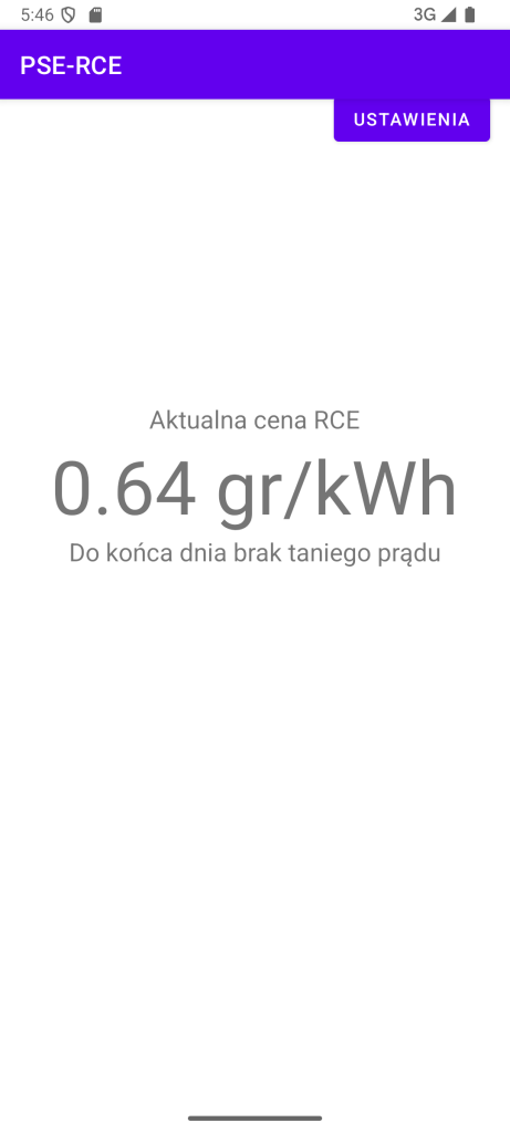 Aplikacja PSE-RCE: aktualna cena RCE i informacja, że do końca dnia nie będzie już taniego prądu