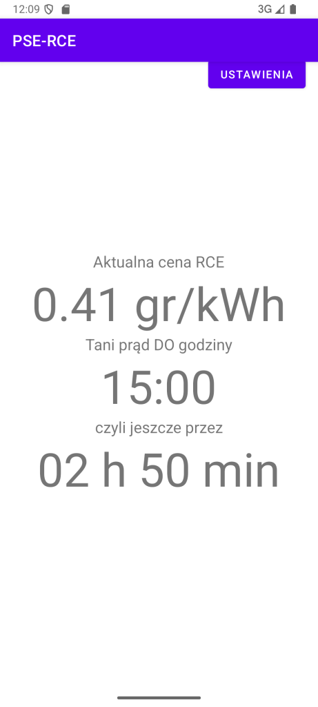 Aplikacja PSE-RCE: aktualna cena RCE, tani prąd do 15:00, czyli jeszcze przez 2 h 50 min
