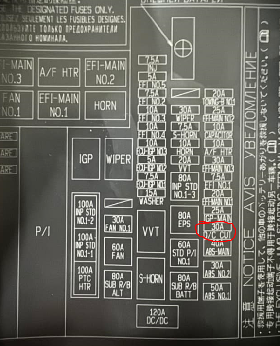 Opis na pokrywie skrzynki bezpieczników w komorze silnika z zaznaczonym bezpiecznikiem 30 A D/C CUT
